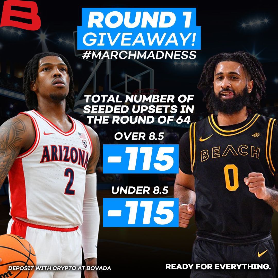 BovadaOfficial's tweet photo. 🏀 FIRST ROUND GIVEAWAY 🏀

We’re giving away 8 x $75 Bovada Crypto Bonuses! 

To enter:
- follow @BovadaOfficial 
- 🔁 and comment how many upsets you think there will be in Round 1

*must have an active Bovada account with a deposit (min $10) in last 7 days https://t.co/RmJEjOSo6A