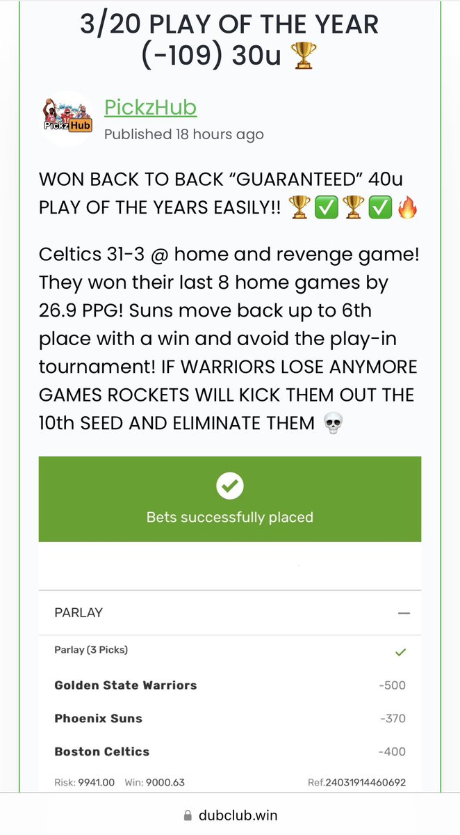 PickzHub's tweet image. 3 STRAIGHT EASY GUARANTEED POTYS!! 🔥

PLAY OF THE YEAR (-109) 30u 🏆✅ $19,941
CELTICS ✅
SUNS ✅
WARRIORS ✅

VIP IS FUCKING FEASTING STOP SLEEPING!! EASY ASS HUUUGE BLOWOUT WINS!! 😩🔥
VIP ON BIG SALE!! 🤑➡️ PickzHub.com