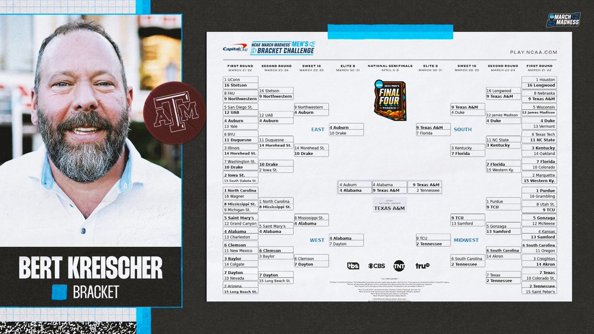 Bert Kreischer’s bracket! #MarchMadness All SEC Final Four 👀 Texas A&M 🏆 Two 16-seeds over 1's 😱