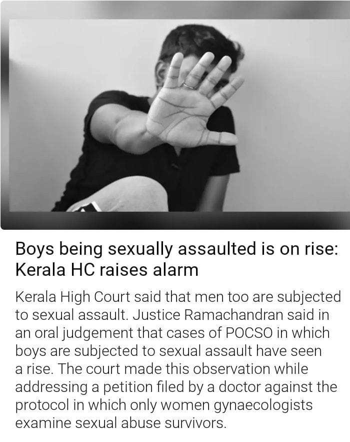 #Highlighting a sobering reality:Reports of boys being sexually assaulted are increasing, as noted by the #KeralaHighCourt.
It's imperative to address this issue with urgency, ensuring support & protection for all victims.
#ChildSafety #EndChildAbuse #NyayPrayaas4Men
#Survivor46