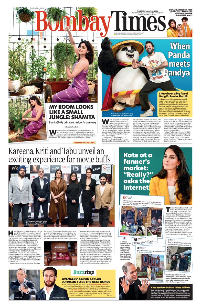 Here's a look at #BombayTimes' front page. Click below to read the edition bit.ly/3r0dVfE @ShamitaShetty #ShamitaShetty #PlantParent #KungFuPanda #HardikPandya @hardikpandya7 #Tabu #KareenaKapoorKhan #KritiSanon @kritisanon #TheCrew #katemiddelton #BombayTimes