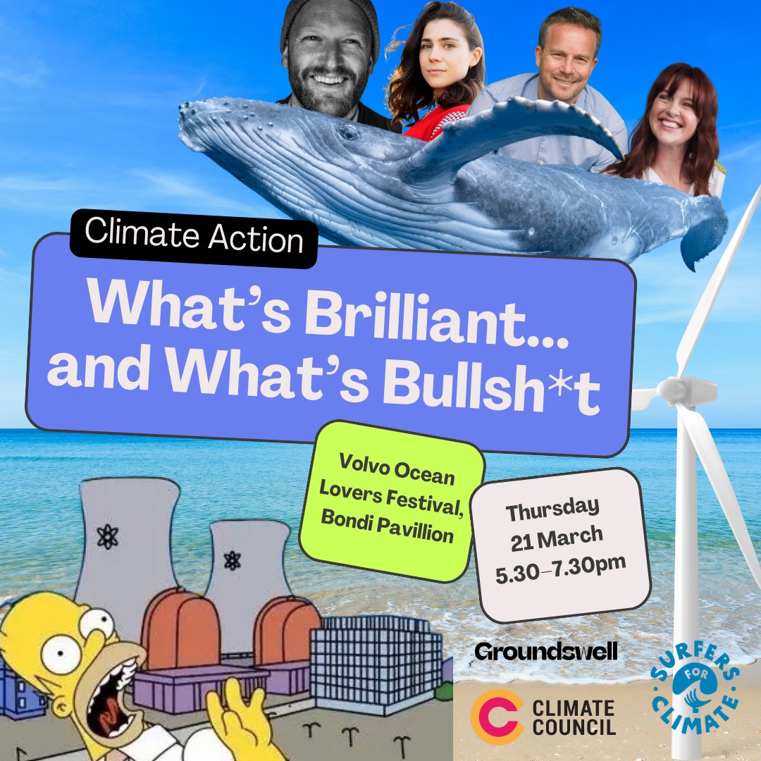 EVENT TONIGHT: Get ready to separate the brilliant from the bullshit in the world of climate action! Join @simoncbradshaw and this killer panel of climate and ocean experts for an enlightening and entertaining evening in Bondi. Get your tickets here 👉 lnkd.in/gEWqg96J