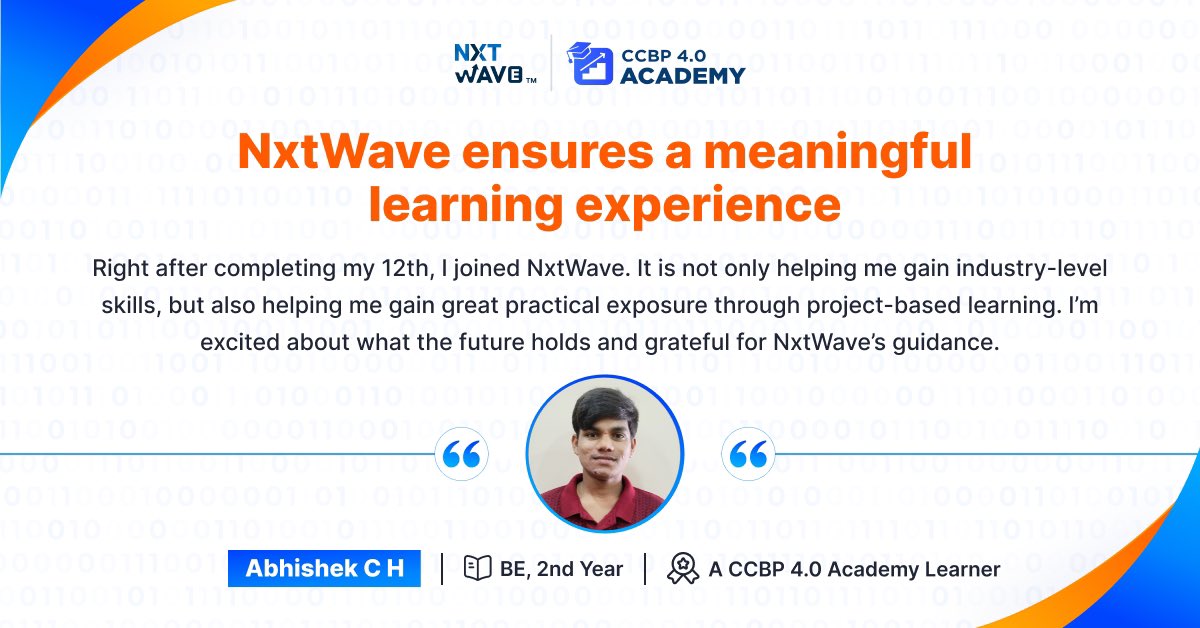 🚀 Abhishek C H got a head start for a STRONG TECH CAREER 🚀 He is not only learning tech but putting his skills in practice by working on real-world projects. 💻 We can surely say, Abhishek’s tech future is SHINING BRIGHT 🌟 #nxtwave #nxtwaveccbp #ccbpacademy #nxtwavereview…