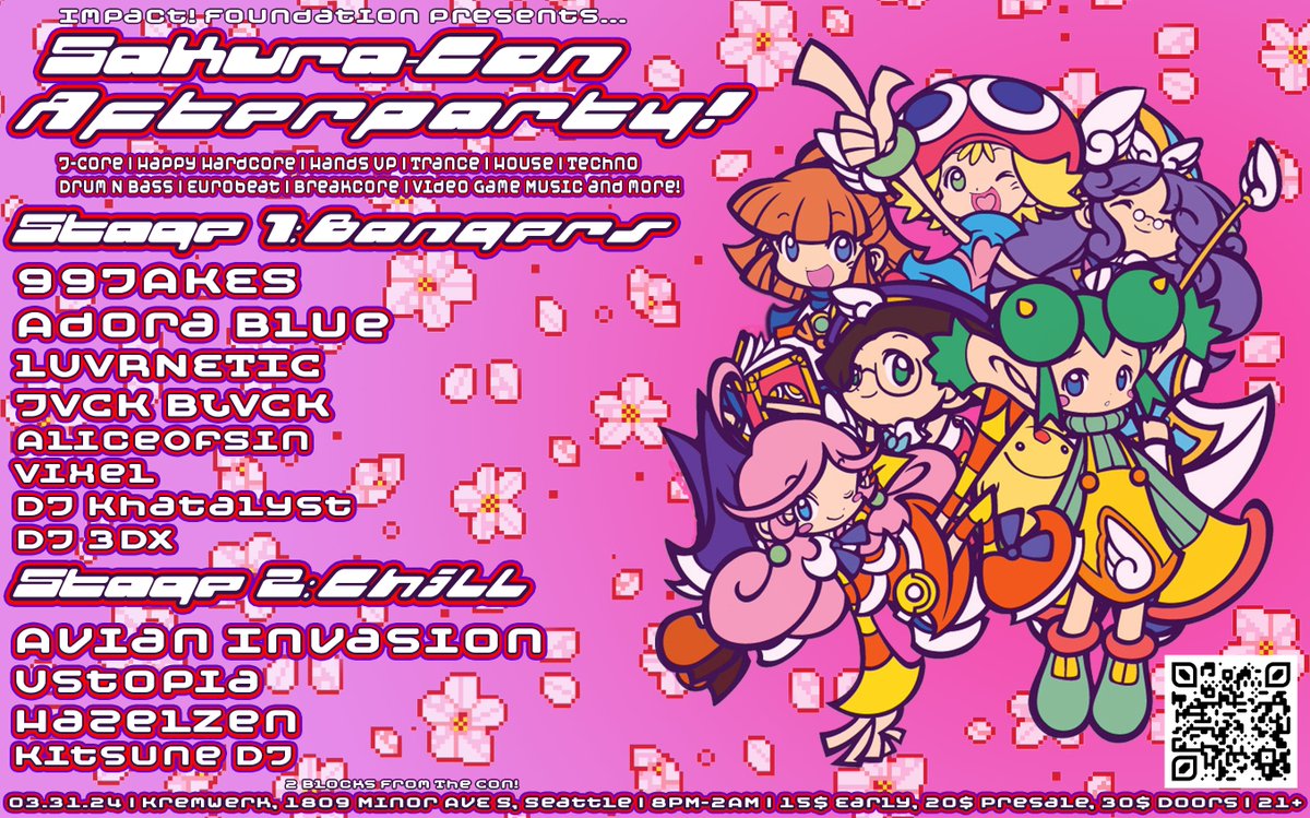 The Officially Unofficial Sakura-Con Afterparty!  
3/31 <a href="/Kremwerk/">Kremwerk</a>

Tix: impactraves.org/events/sakura-…

Ft.
<a href="/99jakes/"></a>
<a href="/djadorablue/">black lives matter (adora.blue on butterfly app)</a>
<a href="/Luvrnetic/">L̹̼̯͉̹̪UV̲̗͉R̟͙Ṋ̟̱͈͍̫E͍̜͉͎̮̼̝T̩I̭̟C̳̱̮</a>
JVCK BLVCK
<a href="/Alice_of_Sin/">Alice of Sin</a>
VIXEL 
DJ KHATALYST
<a href="/DJ_3DX/">DJ3DX</a>
<a href="/avianinvasion/">Avian Invasion</a>
USTOPIA 
HAZELZEN 
KITSUNE DJ