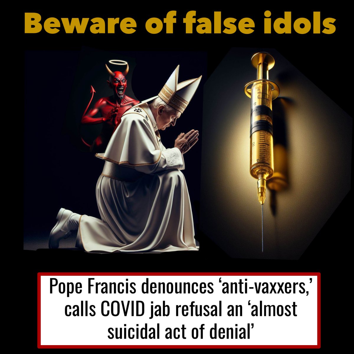 BEWARE OF FALSE IDOLS I wonder who is advising him ? lifesitenews.com/news/pope-fran… VATICAN CITY (LifeSiteNews) — Pope Francis has issued fresh condemnation of critics of the abortion-tainted COVID-19 injections, saying that opposition to the shots “distressed” him since “being