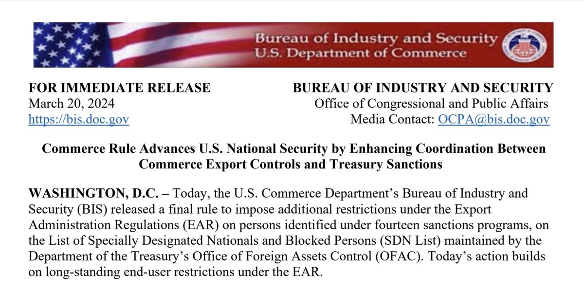 Sanctions meet export controls: now all SDN designations under Russia and Belarus sanctions regimes will be automatically subject to export controls under a presumption of denial.