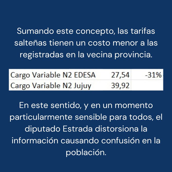 Flyer institucional. Sebobserva el texto: "Sumando este concepto, las tarifas salteñas tiene un costo menor a las registradas en la vecina provincia. En este sentido, y en un momento particularmente sensible para todos, el diputado Estrada distorsiona la información causando confusión en la población".