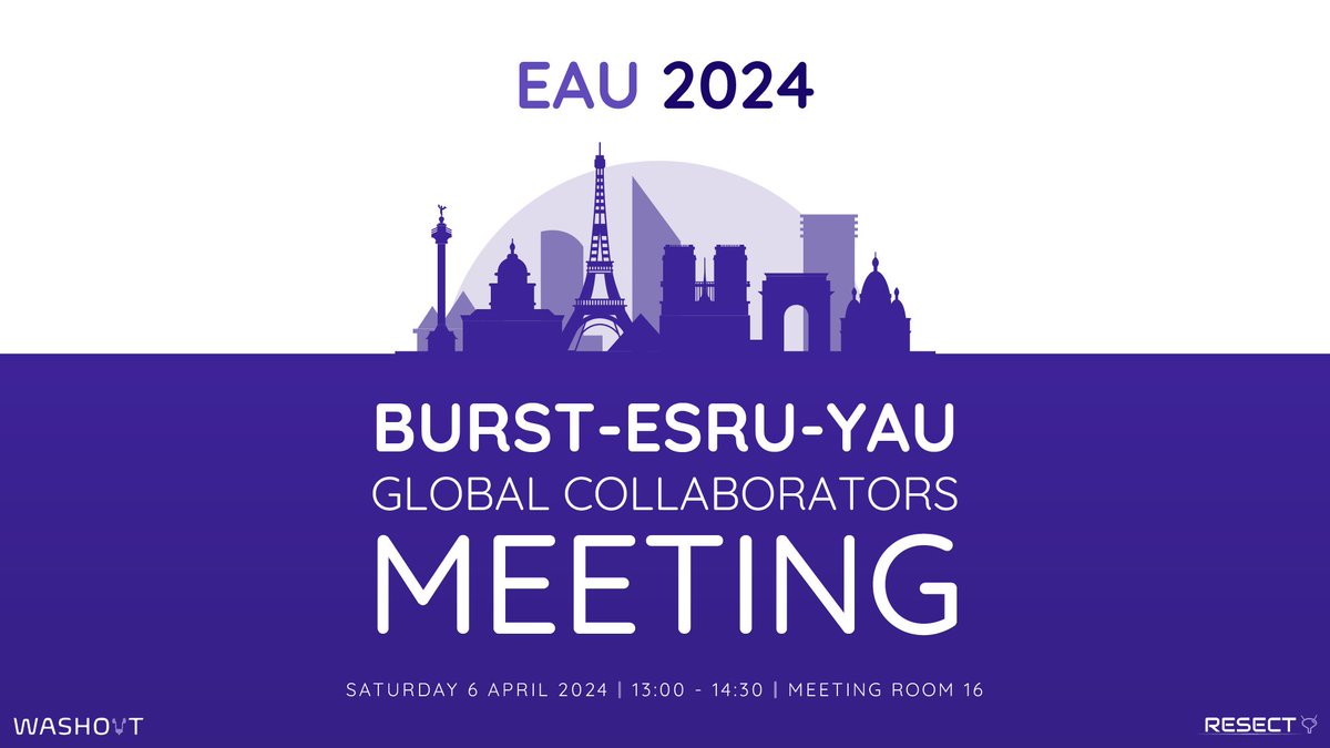 🌟 ALL are welcome to the BURST-ESRU-YAU Global Collaborators Meeting at #EAU24! 🗓️ Sat 6 April | ⏰ 13:00 | 📍 Meeting Room 16 🔍 We’ll celebrate #RESECT’s success & introduce our next flagship: #WASHOUT - aiming to be the largest study on emergency #haematuria! #UroSoMe