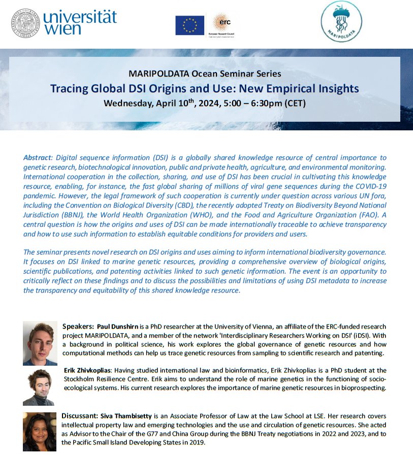 🔬Join us online on April 10, 2024, 5-6:30 pm (CET) for our Ocean Seminar 𝐓𝐫𝐚𝐜𝐢𝐧𝐠 𝐆𝐥𝐨𝐛𝐚𝐥 𝐃𝐒𝐈 𝐎𝐫𝐢𝐠𝐢𝐧𝐬 𝐚𝐧𝐝 𝐔𝐬𝐞: 𝐍𝐞𝐰 𝐄𝐦𝐩𝐢𝐫𝐢𝐜𝐚𝐥 𝐈𝐧𝐬𝐢𝐠𝐡𝐭𝐬 Speakers: @Paul_Dunshirn & @EZhivkoplias Discussant: @SivaThambisetty 👉maripoldata.eu/newsevents/