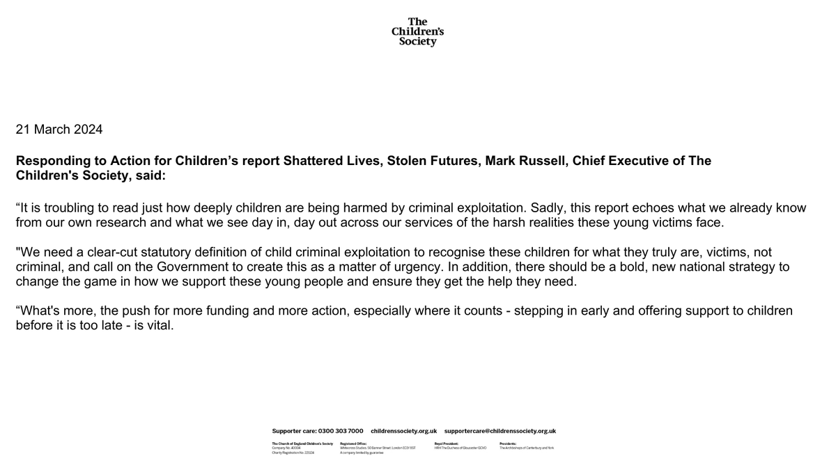childrensociety's tweet photo. A new report from @actnforchildren "echoes what we already know from our own research and what we see day in, day out across our services of the harsh realities these young victims face."
Read our full statement 👇 https://t.co/oikWYH3t7A