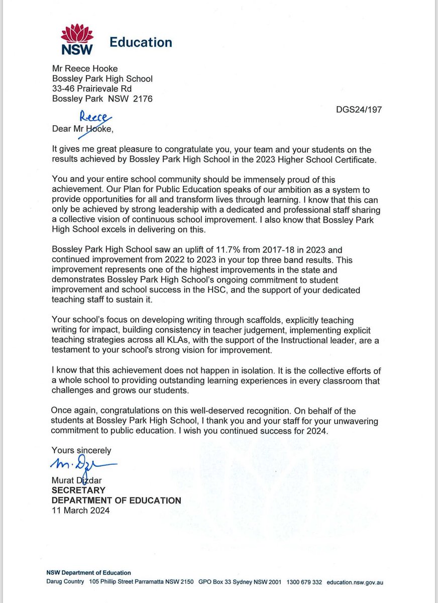 Super excited and extremely proud to receive a letter of recognition from Murat for the amazing work of our students, staff and leadership team at BPHS to generate outstanding HSC results. <a href="/dizdarm/">Murat Dizdar</a> <a href="/k_rigas/">Kay Rigas</a> <a href="/MSiokos/">Marianne Siokos</a>
