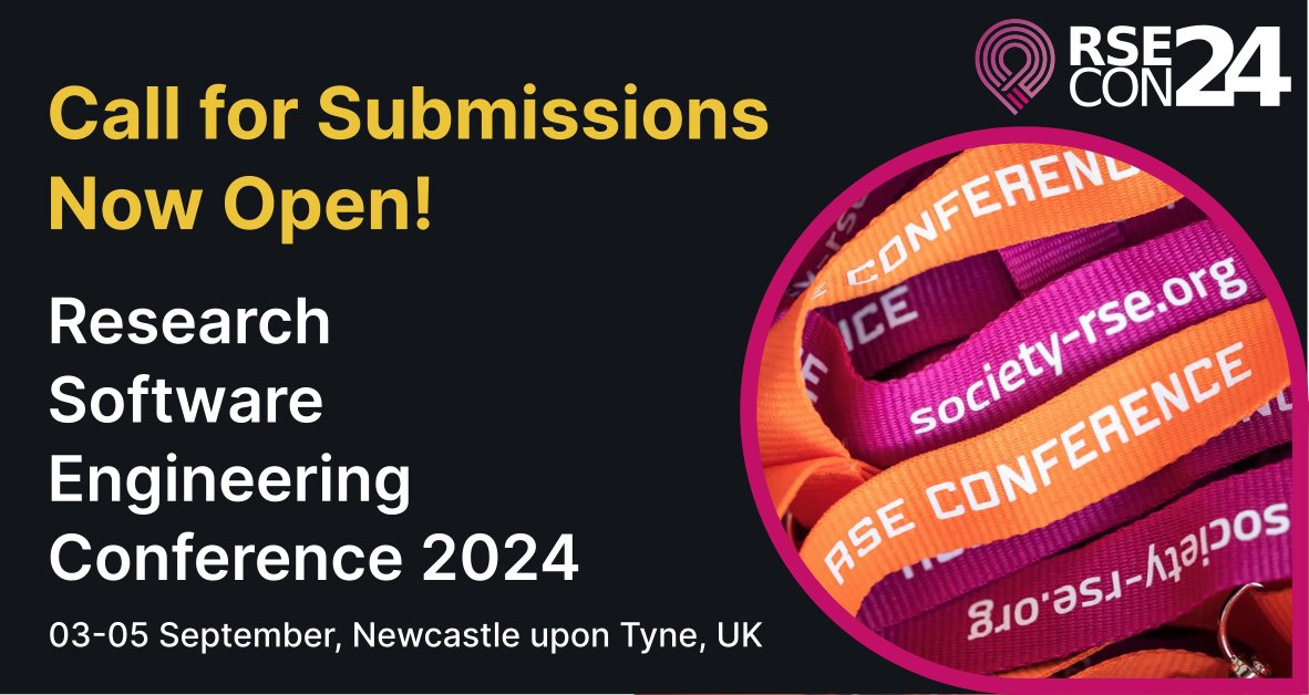 🎉 The call for submissions to #RSECon24 is now open! 🎉

We need your ideas to help us build an accessible, celebratory, and outward-looking conference programme. Submit proposals before 1 May and be part of the best RSECon yet!

Learn more at rsecon24.society-rse.org/calls/submissi…