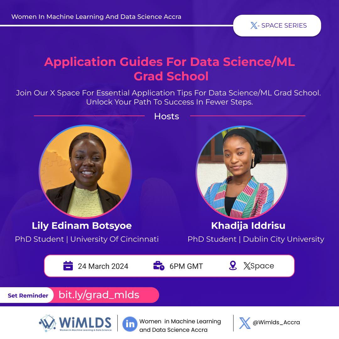 WiMLDS Accra (@wimlds_accra) on Twitter photo Today, We are thrilled to introduce our moderators, <a href="/Edinam233/">Botsyoe Edinam Lily</a> and <a href="/Khadija_2_0/">Khadija Iddrisu</a>.
Both are experts in the fields of Machine Learning and Data Science, bringing a wealth of knowledge and experience to the table.
Set reminder via bit.ly/grad_mlds Today, We are thrilled to introduce our moderators, <a href="/Edinam233/">Botsyoe Edinam Lily</a> and <a href="/Khadija_2_0/">Khadija Iddrisu</a>.
Both are experts in the fields of Machine Learning and Data Science, bringing a wealth of knowledge and experience to the table.
Set reminder via bit.ly/grad_mlds