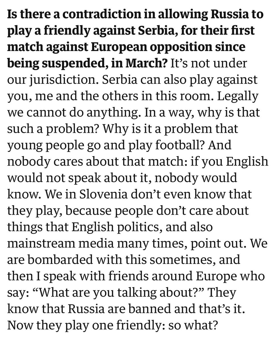 Russia play Serbia later today - first UEFA opponent since full-scale invasion of Ukraine and pretty much the most fitting. Authorities not bothered, which seems disgraceful but maybe that’s just the quaint English view. Reminder of Aleksander Ceferin’s thoughts.