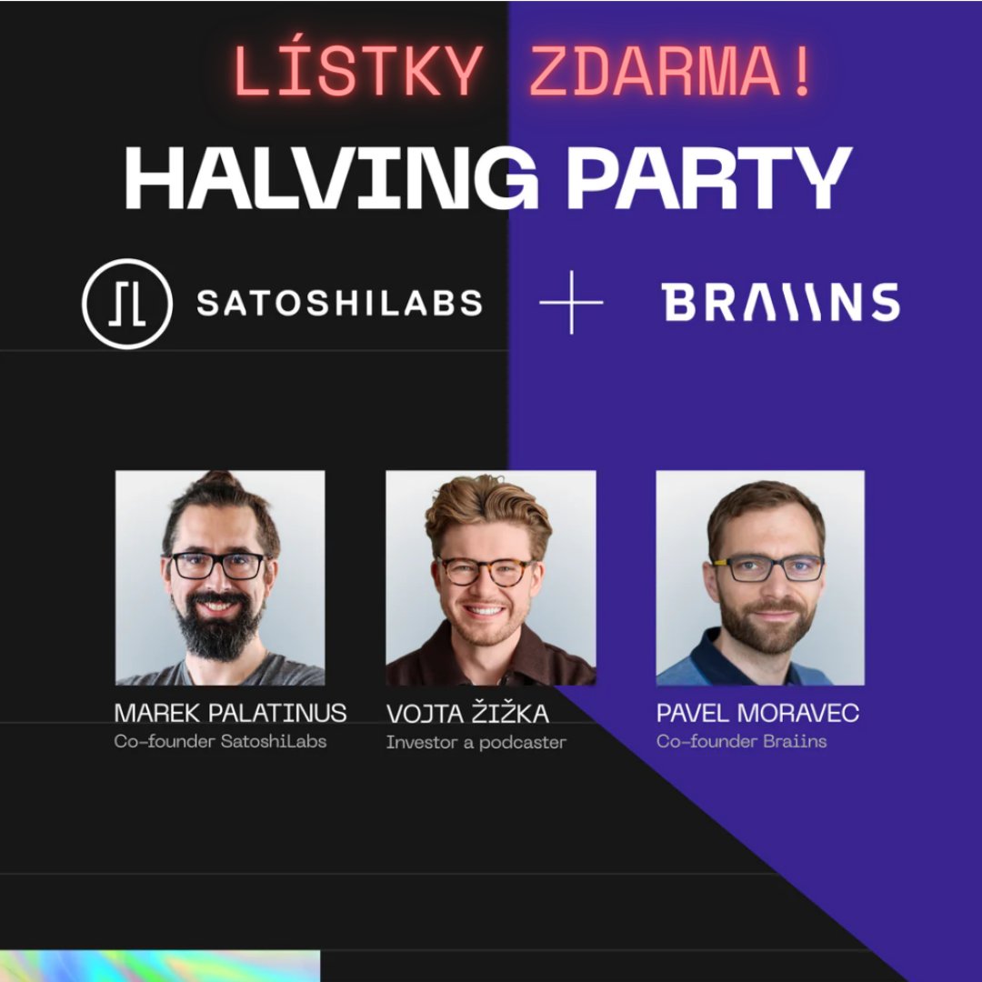 JosefTetek's tweet photo. 🇨🇿Od @satoshilabs jsem dostal 10 vstupů na nadcházející Halving Party. Lístky rozdělím ve dvou fázích:
1) 5x zde na Twitteru - náhodně vybraný Retweet
2) 5x na https://t.co/RyRxSXrBtR - pravidla se dozvíte na Herohero během zířka.

Výherce zde na Twitteru vyhodnotím v pátek po 17:00!

Akce se koná 2.4. v Kasárnách Karlín. Účastníci @slush, @VojtaZizka, @mor_pav. 
@KristianCsep a já moderujeme.