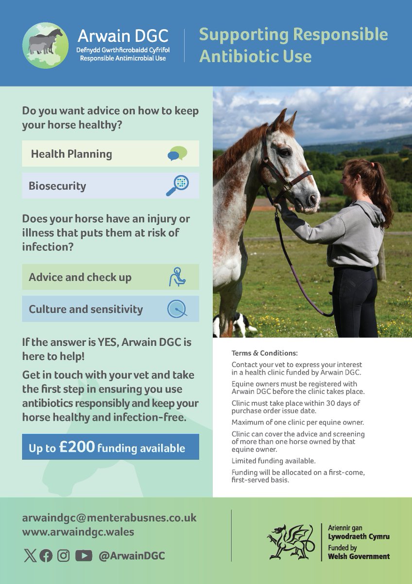 🐎FREE Equine Health Clinic🐎

AN OPPORTUNITY for equine owners in Wales to receive 121 advice and health screening from their vet to help prevent illness and avoid unnecessary use of antibiotics.

Up to £200 of support is available. 

For more info visit menterabusnes.cymru/arwaindgc/equi…
