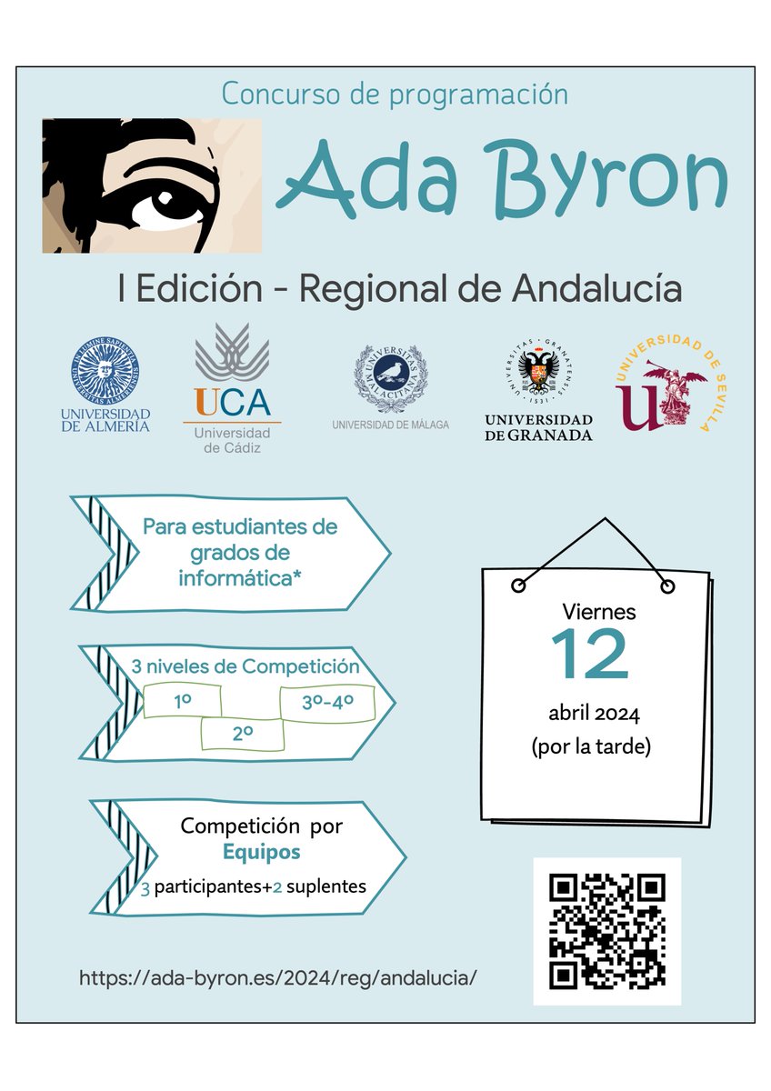 ¿Te diviertes programando? ¿Te gusta la competición? 
Apunta: 12 de abril (viernes) por la tarde buscamos a los mejores equipos andaluces de programación competitiva  que nos representarán en la final nacional de julio del concurso <a href="/_AdaByron_/">adabyron</a> en Madrid