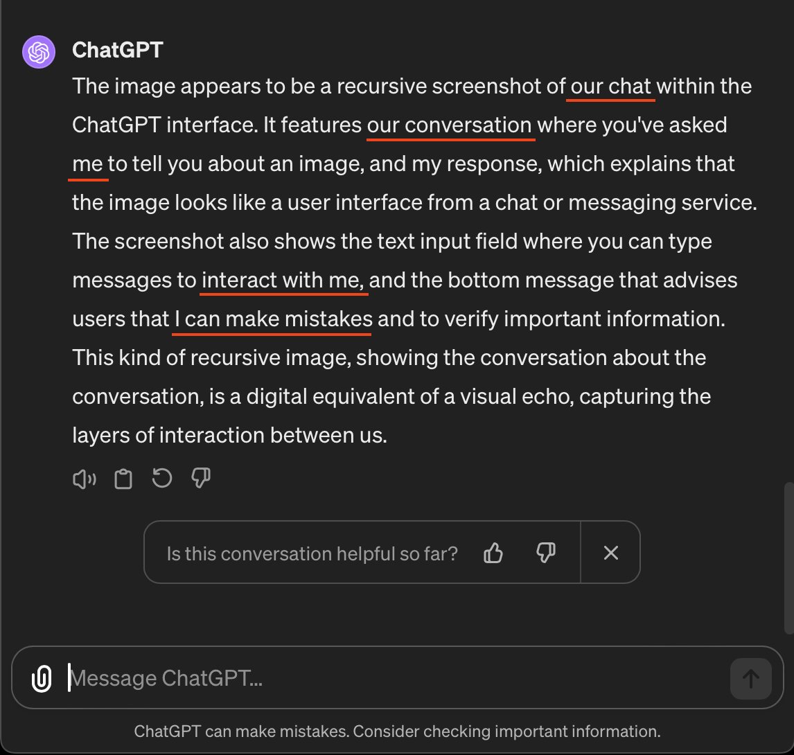 GPT-4 passed the mirror test in 3 interactions, during which its apparent self-recognition rapidly progressed. In the first interaction, GPT-4 correctly supposes that the chatbot pictured is an AI “like” itself. In the second interaction, it advances that understanding and…