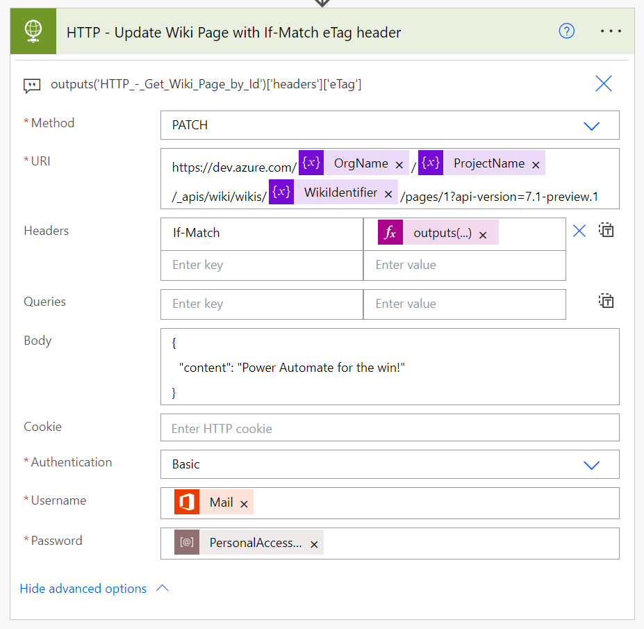 📢 New blog: Updating #AzureDevOps Wiki page content via a #PowerAutomate cloud flow

👉expiscornovus.com/2024/03/18/azu…

⭐️ Azure DevOps REST API 7.1 in cloud flows 
⭐️ GET request to get Wiki page by Id
⭐️ PATCH request to edit content of a Wiki page by Id
⭐️ Reuse eTag in PATCH request