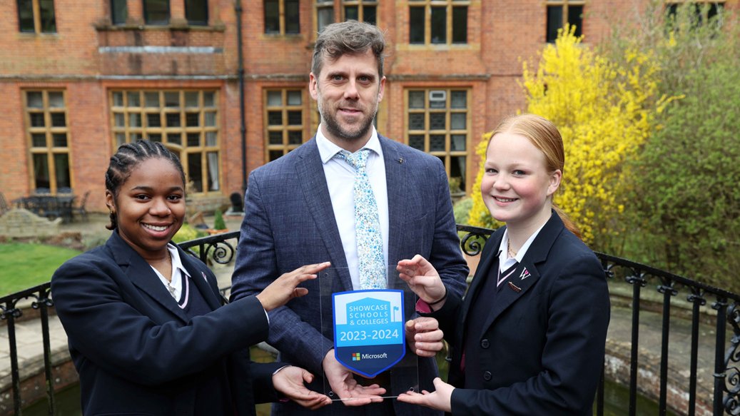 Woldingham is thrilled to receive our Microsoft Showcase School plaque after being awarded the status in Sept 2023. Mr Tom Rattle, who leads digital learning & innovation, is pictured here with students Chloe & Shaila and the new plaque. #WriteYourOwnStory