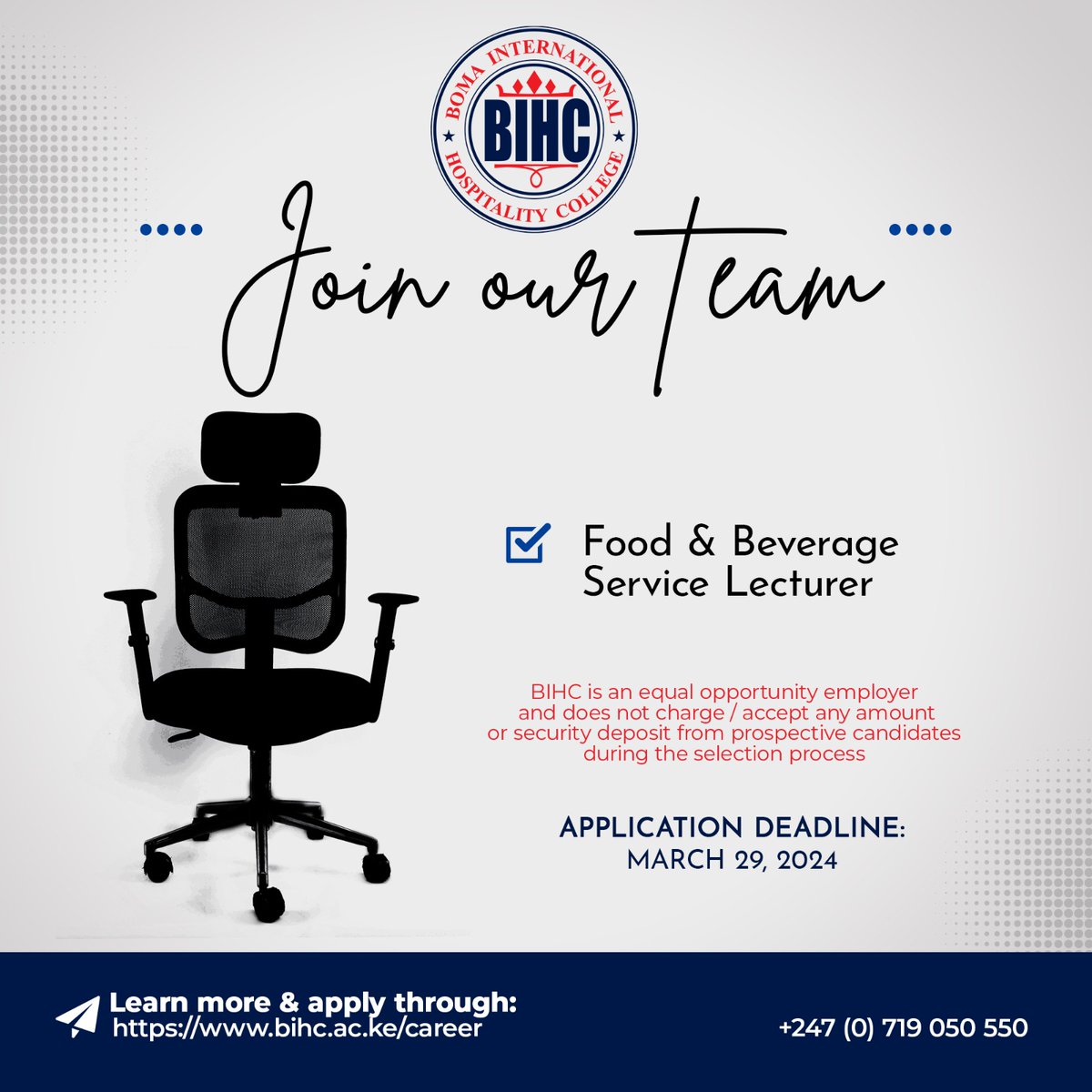 We are hiring a Food & Beverage Service Lecturer. Learn more and apply via bihc.ac.ke/career #ikokazike #BomaCollege