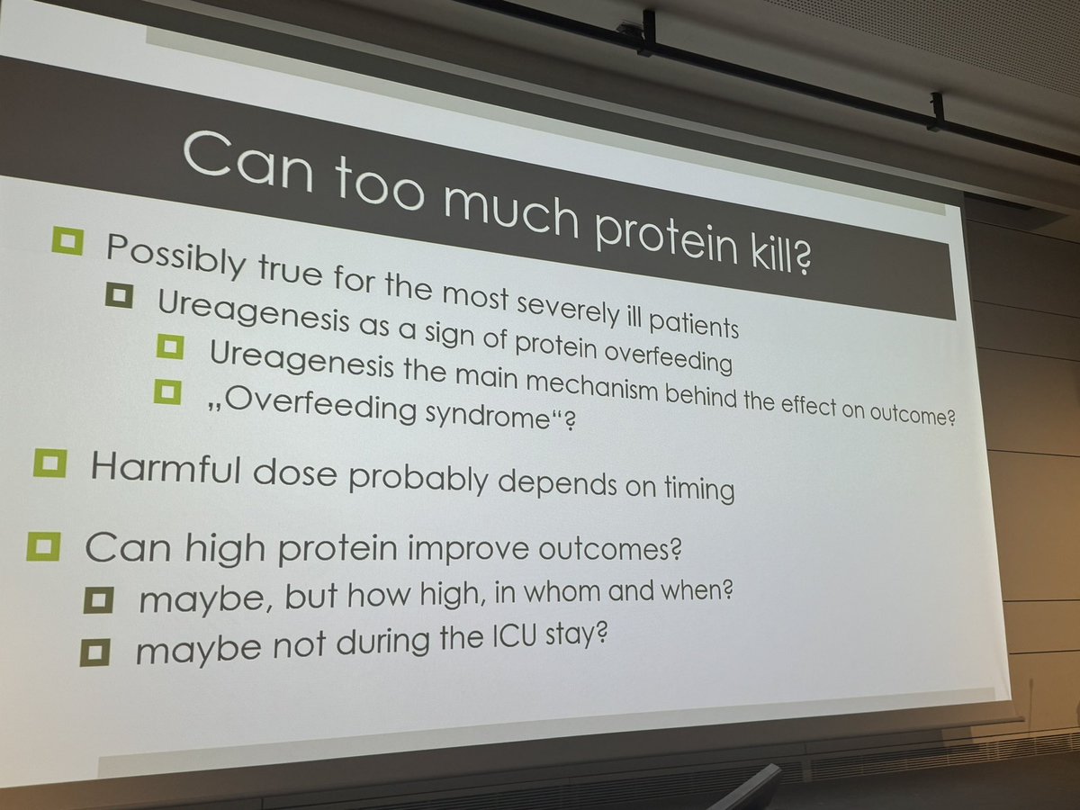 Some great discussions so far- can too much protein kill? Possibly- especially for very sick patients- Annika  Reintam Blaser @ISICEM #ISICEM24