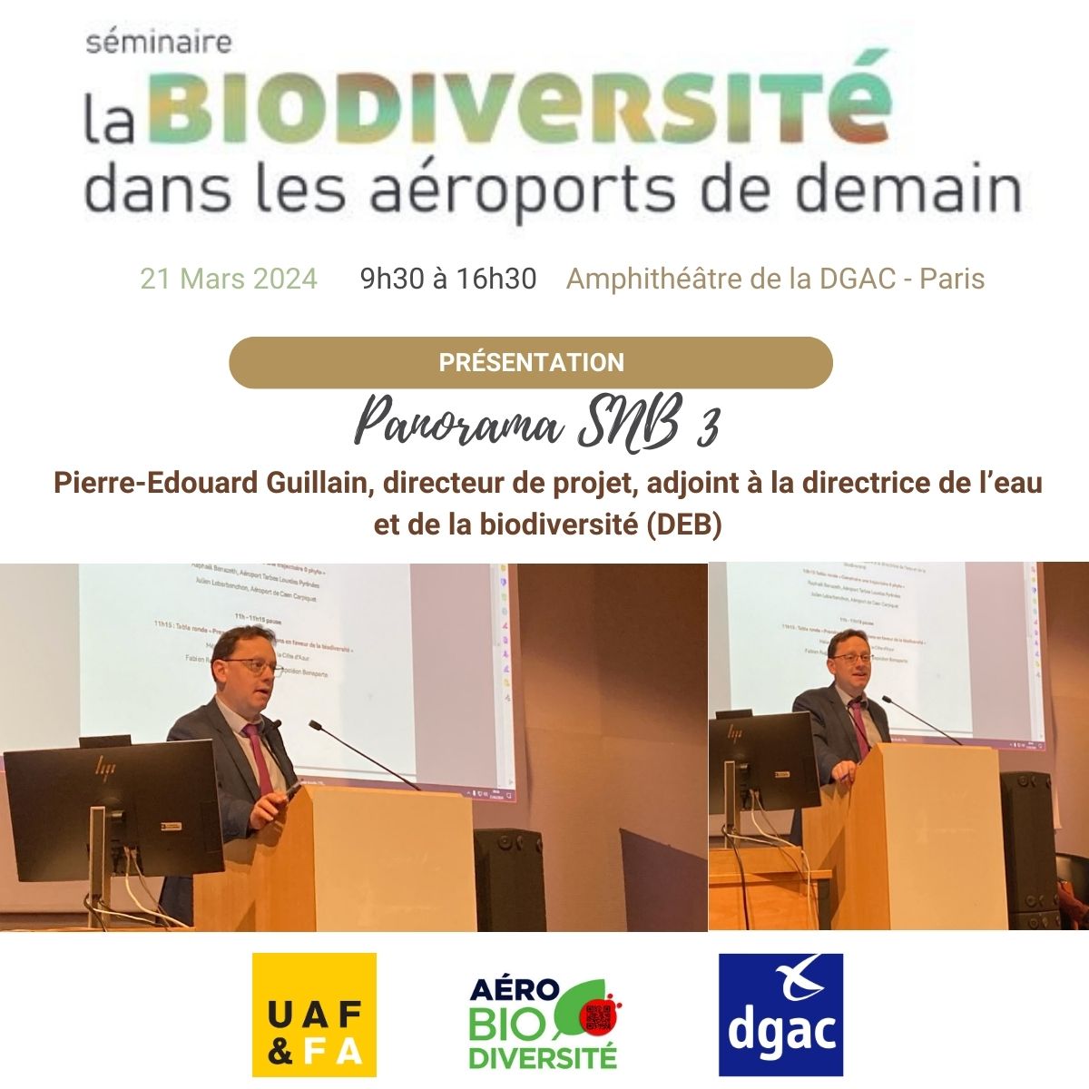 Pierre-Edouard GUILLAIN, directeur de projet, adjoint à la directrice de l’eau et de la biodiversité a présenté la Stratégie Nationale Biodiversité 3. @DGAC