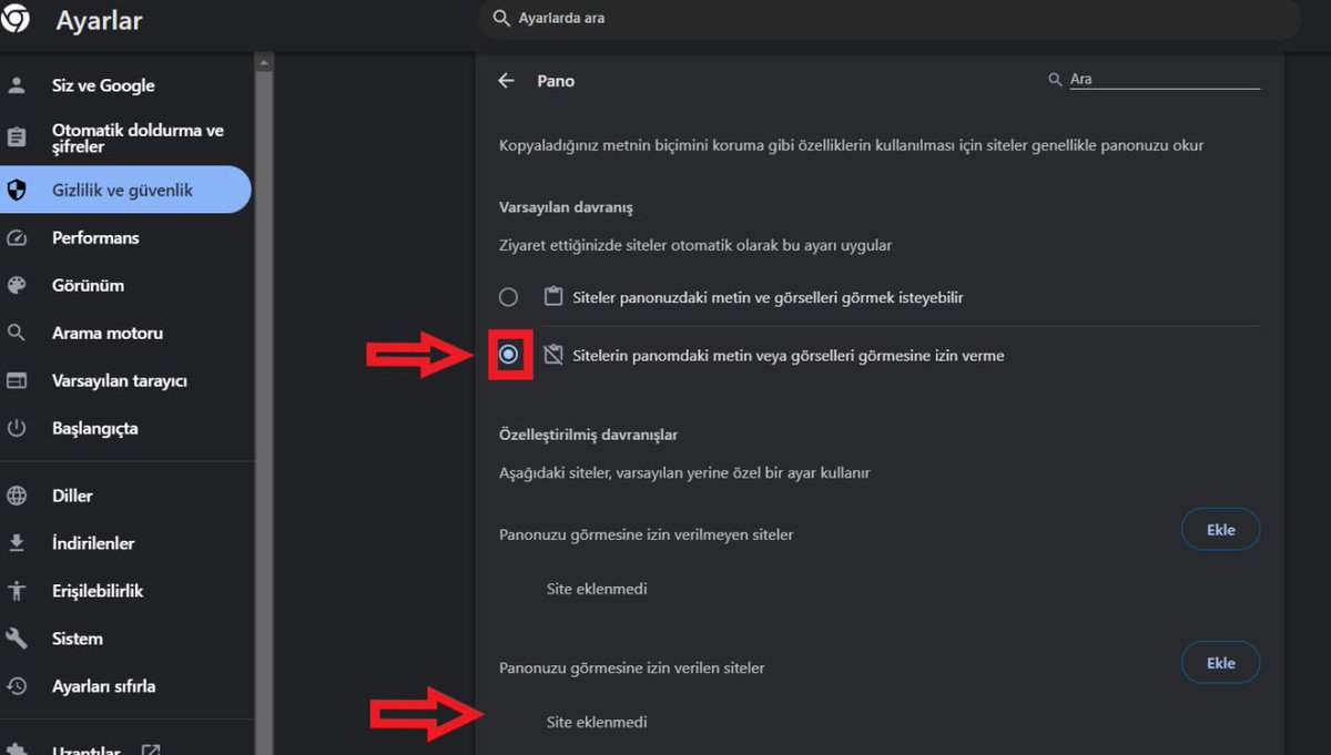 ‼️Dikkat önemli Önemli bir güvenlik açığından bahsedeceğiz: Bazı sitelere girdiğiniz zaman sizden konum kamera izni vs ister. Bazıları da panonuza erişebilir. Bu neden önemli? Kopyaladığınız seed phraseler ya da private keyler bu panoya kaydedilir. Bu özellik çoğu tarayıcıda