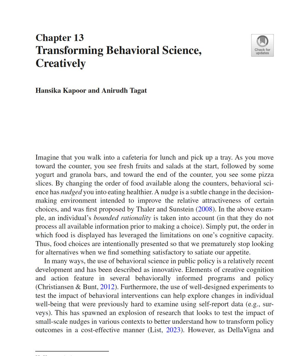 hansika_kapoor's tweet image. 🚨Publication Alert!🚨

.@inhouseconomist and I write about how #behavioralscience is infused with #creativity and why that creativity needs to be used for the #commongood -- yes, we talk about #darkpatterns &amp;amp; #sludges too 

link.springer.com/chapter/10.100…

@B_I_Team @BehaviorChange