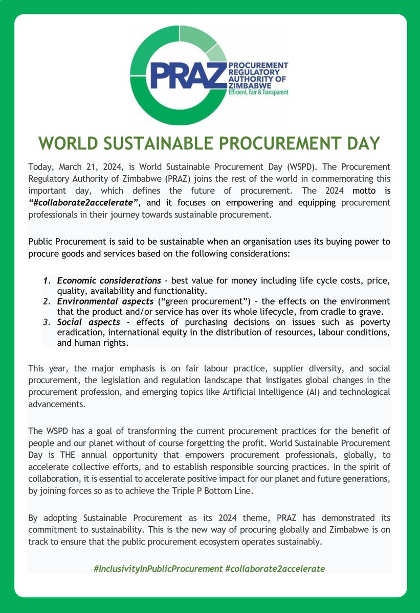 Today is World Sustainable Procurement Day, and the Authority joins the rest of the world in recognition of this day! #InclusivityInPublicProcurement #collaborate2accelerate