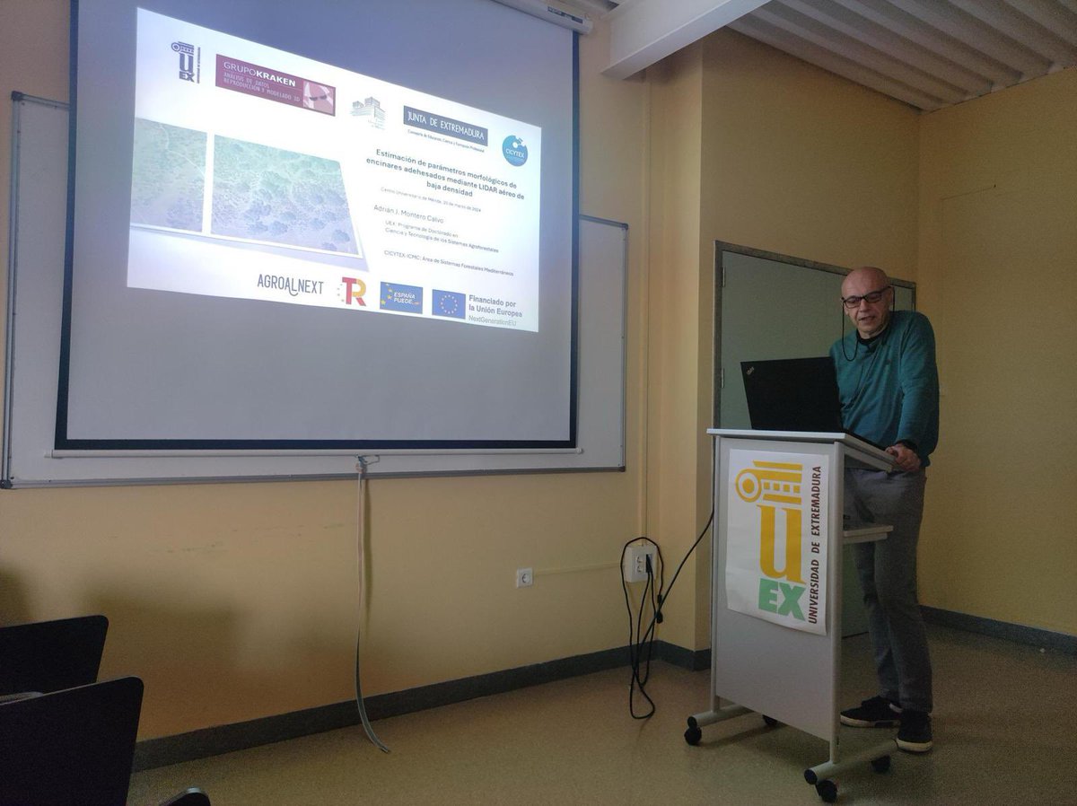 🙋🏻‍♂️Ayer nuestro compañero Adrián Montero estuvo en centro Universitario de Mérida impartiendo el seminario ✅“Estimación de parámetros morfológicos de encinares adehesados mediante LIDAR aéreo de baja densidad”🌳
👉🏻En el marco del proyecto #AGROALNEXT