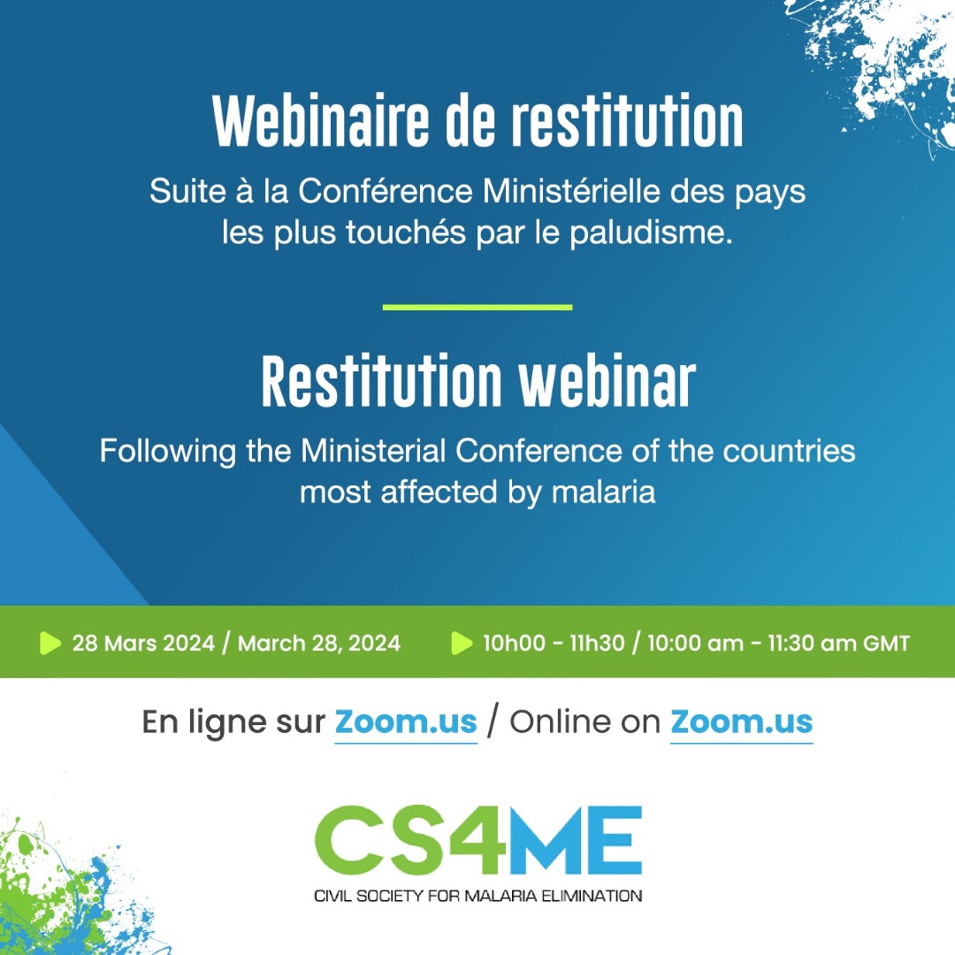 🗓️📌 Join us next Thursday for the restitution Webinar following the Ministerial Conference of the countries most affected by #Malaria 🦟 to discuss actions to be taken following the publication of the #YaoundéDeclaration 🔗 Register here: us02web.zoom.us/webinar/regist… #EndMalaria