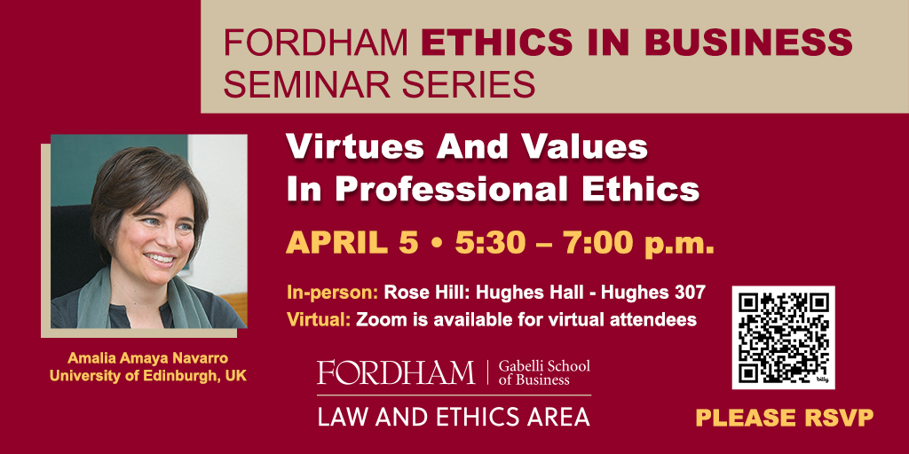 Join us for this fascinating discussion presented by the Gabelli School of Business Law and Ethics Area! Use the QR code to register.