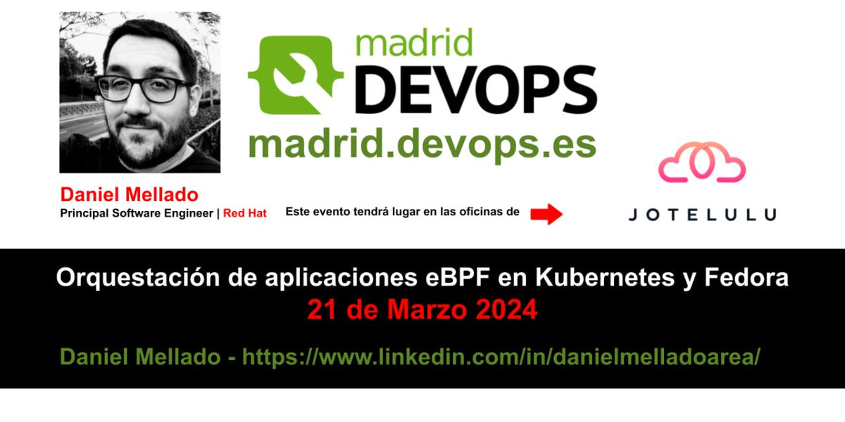 MadridDevops's tweet image. Hoy es el día.  Charla #madrid_devops sobre eBPF y networking con pizzas con Daniel Mellado en las oficinas de @jotelulu  antes de las merecidas vacaciones. Inscripciones en meetup.com/madrid-devops/…