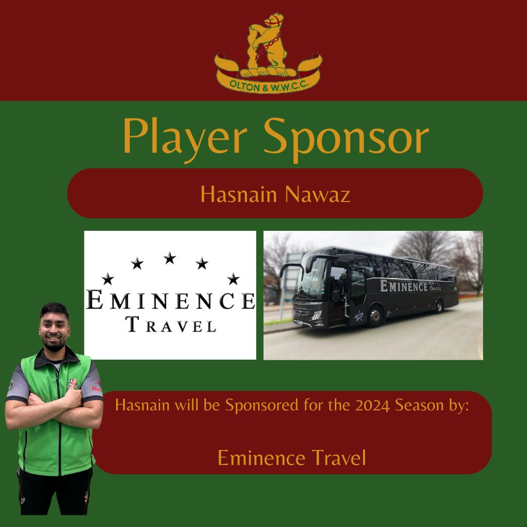 Player Sponsorship Announcement 📣 

Hasnain Nawaz will be sponsored for the 2024 Season by @EminenceTravel 

#owwcc #playersponsor #cricket #warwickshirecricket