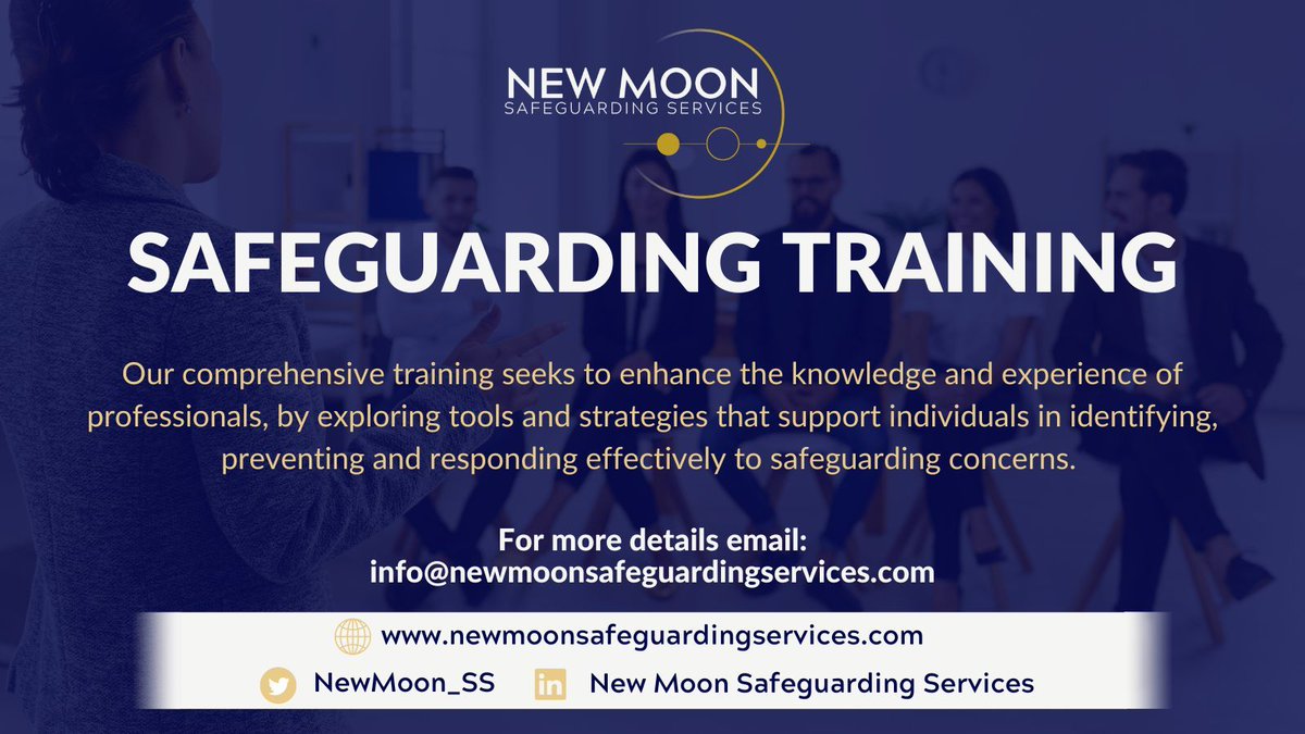 NewMoon_SS's tweet photo. Delivered by experienced professionals, our Safeguarding Training is specifically designed to build upon the skills and knowledge of your staff.

To discuss your safeguarding needs, email:

📧 info@newmoonsafeguardingservices.com

Or visit

💻 https://t.co/8aA7m8cqQ1 https://t.co/ijugyrpAhj