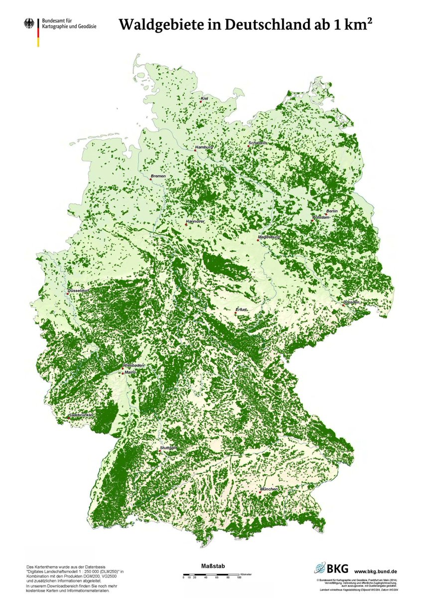 🌲🌳 Deutschland als eines der waldreichsten Länder Europas ist zu knapp einem Drittel mit #Wald bedeckt. Im deutschen Wald stehen etwa 90 Milliarden Bäume, das sind über 1000 Bäume je Einwohner. #TagdesWaldes 🗺️ Auf dieser Karte sind alle Waldgebiete ab 1 km² zu sehen. 👇