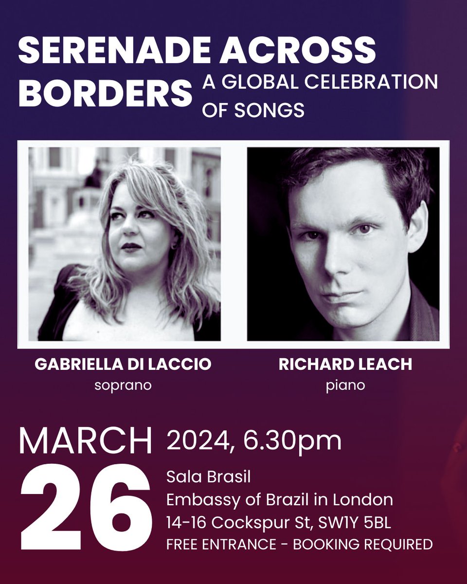 Do join us on the Tuesday, 26th March at 18:30 at the prestigious Sala Brasil @BrazilEmbassyUK for a wonderful evening of songs. FREE ADMISSION Limited seats | Pre booking required RESERVE YOU SEAT NOW: eventbrite.co.uk/e/serenade-acr…
