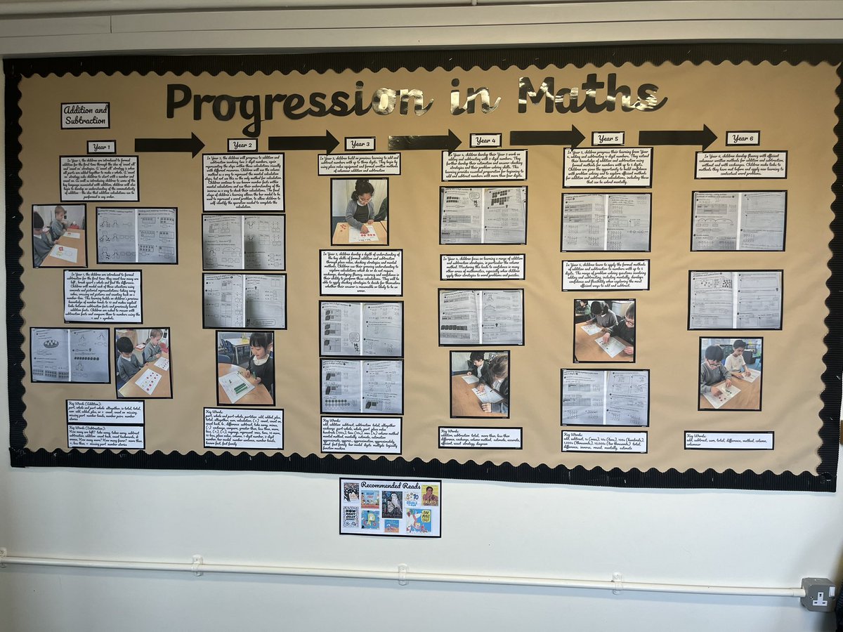 Our Maths display shows progression in addition and subtraction. All learning across both KS1 and KS2 is supported by concrete materials whereby the children progress from simple calculation to complex problem solving. 🧮 @LEO_maths #WeAreLEO #MPPAMaths