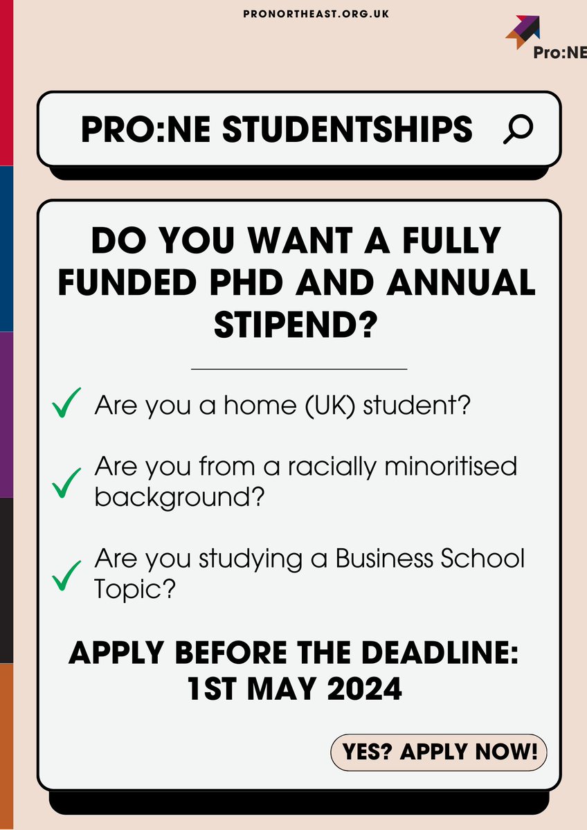 The Pro:NE Studentship deadline has been EXTENDED!

You could be eligible for a fully funded PhD and annual stipend!

Visit the Pro:NE Studentships page for more info and how to apply:  durham.ac.uk/study/postgrad…