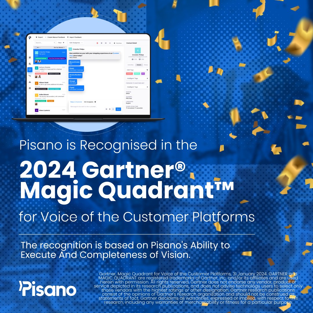 ✨ Müşterinin Sesi Platformları için hazırlanan 2024 Gartner® Magic Quadrant™ raporunda yer almaktan mutluluk duyuyoruz! 🌟 Bu rapora dahil edilmemiz, Pisano'nun vizyon bütünlüğü ve uygulama yeteneğinden kaynaklanıyor ve bu gurur bizi daha iyisini yapmak için heyecanlandırıyor.