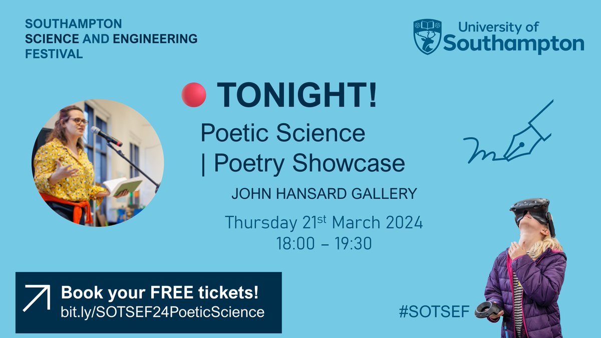 🔴 TONIGHT! 🎤Can poetry and science combine? Join us for a showcase of poetry from researchers, post grads, and students from a range of STEM disciplines! ⚛️ 📆 Thurs 21st March ⏰ 18:00 - 19:30 📍 John Hansard Gallery 🎟️ bit.ly/SOTSEF24Poetic… @JHansardGallery #SOTSEF 🔍