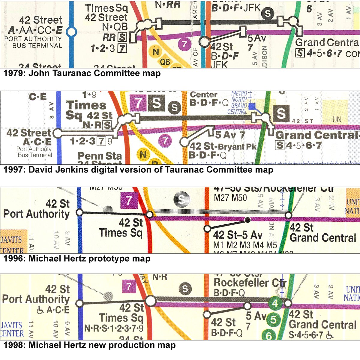 John Tauranac introduced London-style white-bridge transfer symbol in the '79 map. David Jenkins preserved this till '97. When Michael Hertz took control of the map in '98, he reverted to thin black lines that Tauranac had used in '76/'78 maps but rejected for the white bridge.