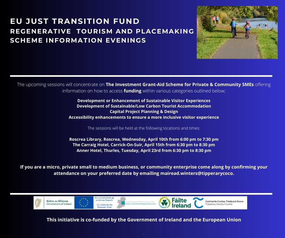 You are invited to come along to a series of information sessions regarding the #EUJustTranistion If you are a small business, community enterprise, or have a tourism concept come along to discover funding eligibility under the Investment Grant-Aid Scheme.