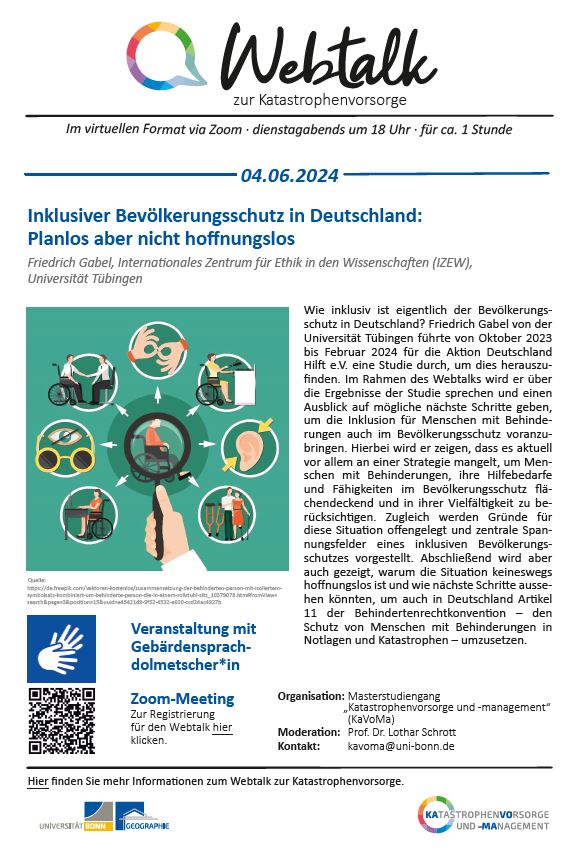 #kavoma Am 04.06.2024 um 18:00 Uhr findet der nächste 'Webtalk zur Katastrophenvorsorge' statt! Thema: Inklusiver Bevölkerungsschutz in Deutschland - planlos, aber nicht hoffnungslos Registrierung: cutt.ly/2w286fy8 Mehr Infos: cutt.ly/0w286ED4