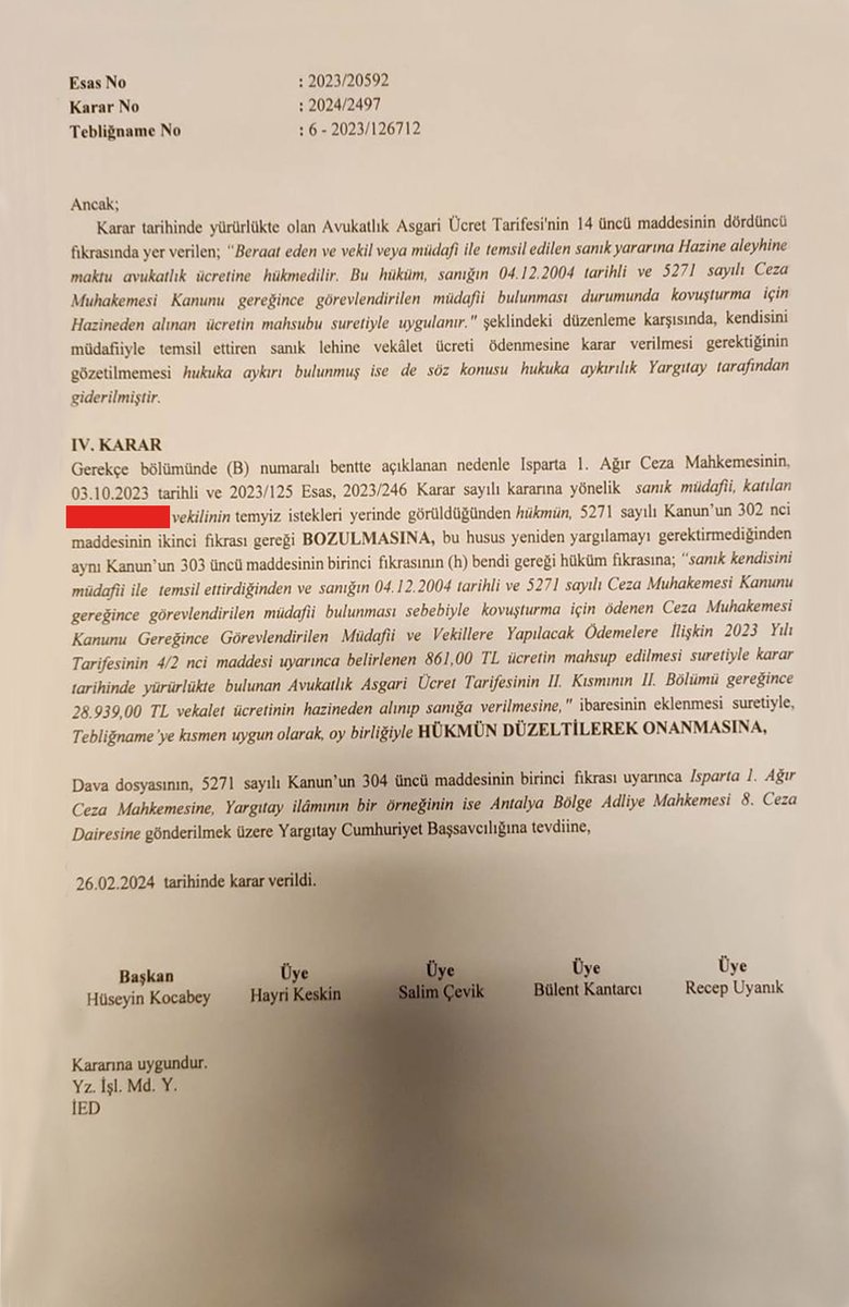 Yargıtay 6. C.D. 2023/20592 Esas 2024/2497 Karar CMK gereğince görevlendirilmiş, beraat eden sanık müdafi lehine, ödenen 861 TL CMK ücreti mahsup edilerek 28.939 TL vekalet ücretine hükmedilmesi gerekmektedir.