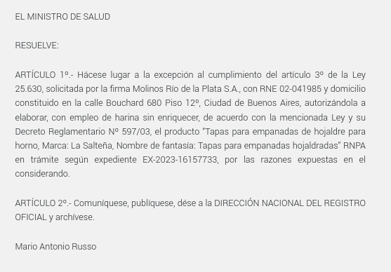 arilijalad's tweet photo. El ministro de Salud Mario Russo no entrega medicamentos pero tiene tiempo para autorizar a Molinos Rio de la Plata, de la familia Perez Companc, a hacer tapas de empanada de peor calidad porque la empresa dice que si usan harina adicionada (obligatoria para prevención de las anemias y las malformaciones del tubo neural tales como la anencefalia y la espina bífida) le cambia el gusto. 

O sea: el ministro de Salud le baja el costo a los Perez Companc (la harina adicionada es más cara) mientras no entrega medicamentos a casos graves.

#HabraConsecuencias
