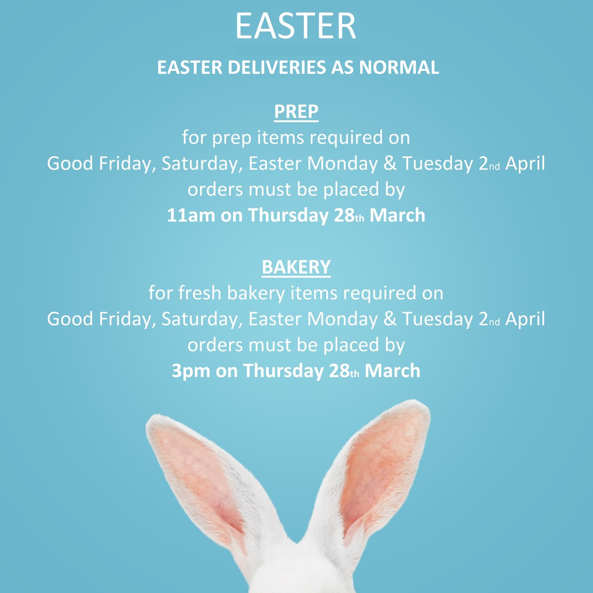 EASTER 🚚 Deliveries are as normal over the Easter Bank Holiday Weekend. PREP & BAKERY orders required on Good Friday, Saturday, Easter Monday & Tuesday 2nd April prep orders must be in by 11am on Thursday 28th March & bakery orders by 3pm #easter #easteropening