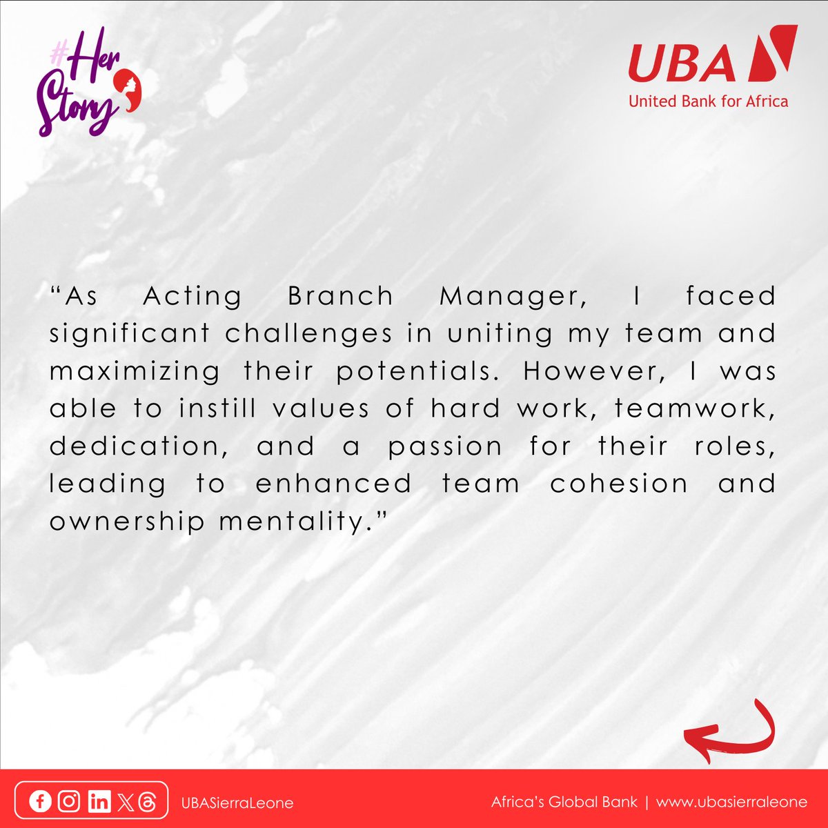 Meet Thomosia Jombla, whose journey from Relationship Manager to Branch Manager at UBA Sierra Leone exemplifies determination and faith, leading her branch to unprecedented success.

#AfricasGlobalBank #UBAHerStory #WomensMonth