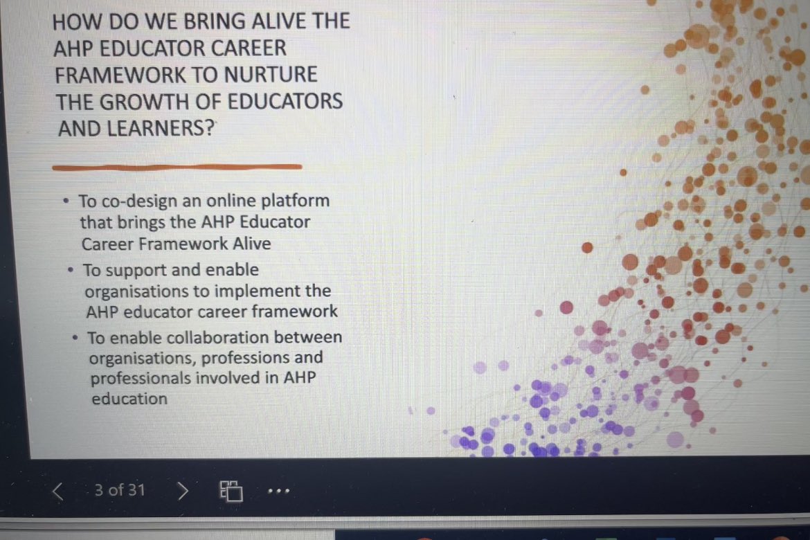 What a beautiful sight, 85 AHPS across all professions and from learners to ACPs to senior academics coming together to be involved in a appreciative inquiry to support the development of an e-resource to implement the AHP educator career framework #AHP #Educator